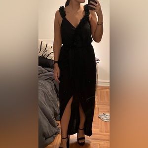 BCBGeneration • NWT Black V-Neck Long Dress with Front Slit & flowers size Small